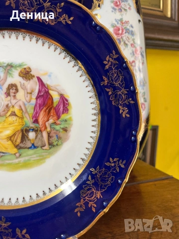 Трите грации, кобалт, позлата⚜️  MZ (Moritz Zdekauer)  Порцеланова чиния , снимка 3 - Чинии - 53156567