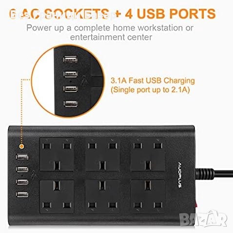 Нов UK Мултиразклонител 6 AC + 4 USB, защита от пренапрежение, 2 мeтра кабел, снимка 3 - Друга електроника - 52464188