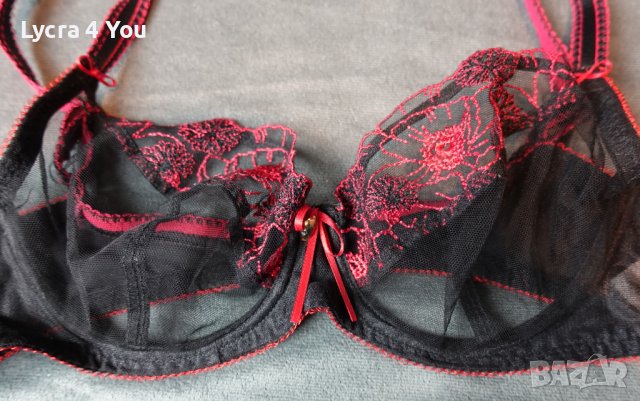 80В черен тюлен сутиен с червена бродерия на чашките, снимка 2 - Бельо - 38351845