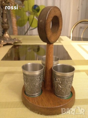 Нов! Старинен немски комплект за ракия калай дърво, чаши чаша, снимка 3 - Сервизи - 43064466