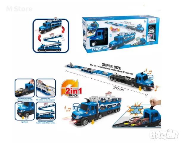 Камион автовоз с катапулт и супер дълга писта за изстрелване на коли (211 см)., снимка 2 - Коли, камиони, мотори, писти - 48272460