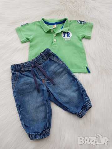 Дънки и тениска с яка за бебе момче 3-6 месеца, снимка 2 - Панталони и долнища за бебе - 32422973