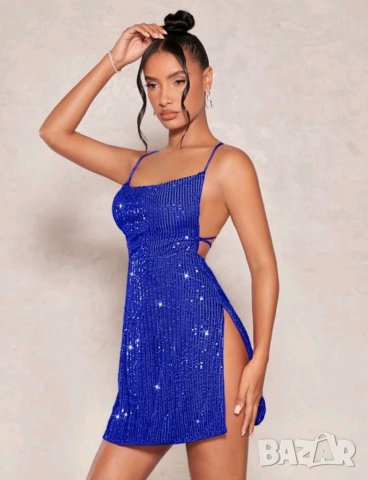 Елегантна парти синя рокля с пайети , снимка 4 - Рокли - 39226082
