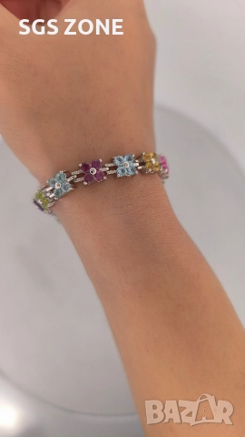 Нежна гривна с цветя от сребро с естествен топаз, аметист, перидот, цитрин, снимка 8 - Гривни - 52688944