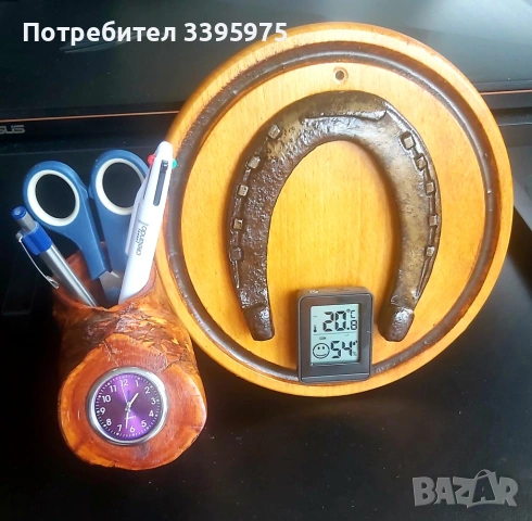 Комплект: истинска подкова с термометър и канцелярска чаша с часовник, снимка 4 - Декорация за дома - 53402491