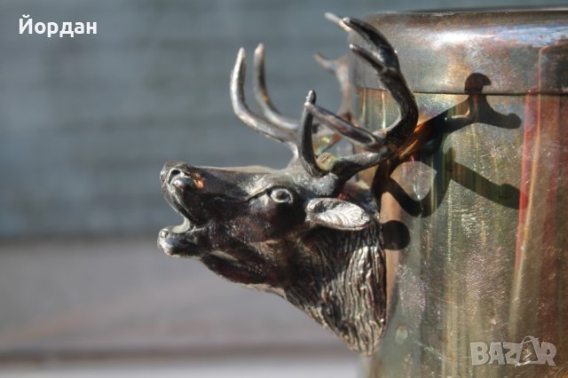 Съд с ловни мотиви Месинг/Посребрен с порцелан , снимка 3 - Антикварни и старинни предмети - 37388723