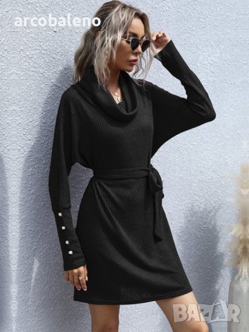 Дамска едноцветна плетена пуловерна рокля с яка и дълги ръкави, 2цвята - 024, снимка 5 - Рокли - 43454137