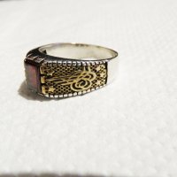 стар мъжки сребърен пръстен с червен камък и тугра, турски пръстен, снимка 4 - Пръстени - 35482996