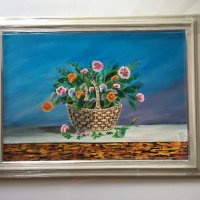 Картина за подарък. Картина с маслени бои. Картина с цветя ”Кошничка с теменужки”, снимка 2 - Картини - 43415836