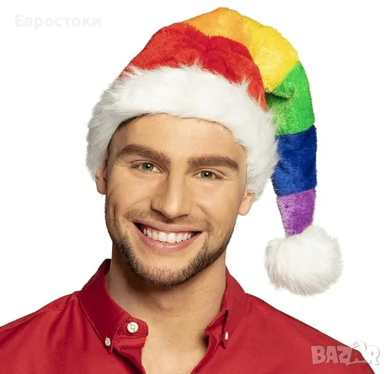Коледна шапка Rainbow, многоцветна, топла коледна шапка на Дядо Коледа, унисекс, снимка 1