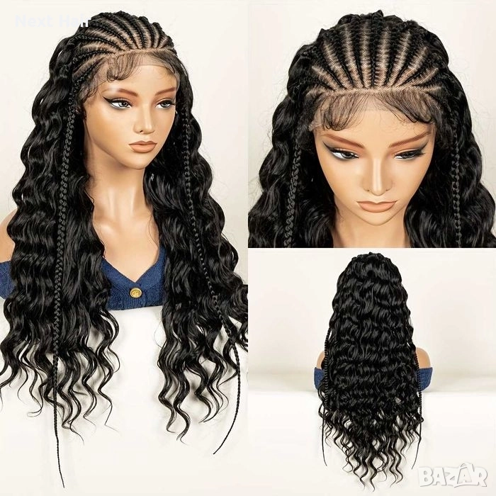 Екзотична черна синтетична перука с пълзящи плитки и къдрава дължина 70 см - Lace Front 13x6, снимка 1