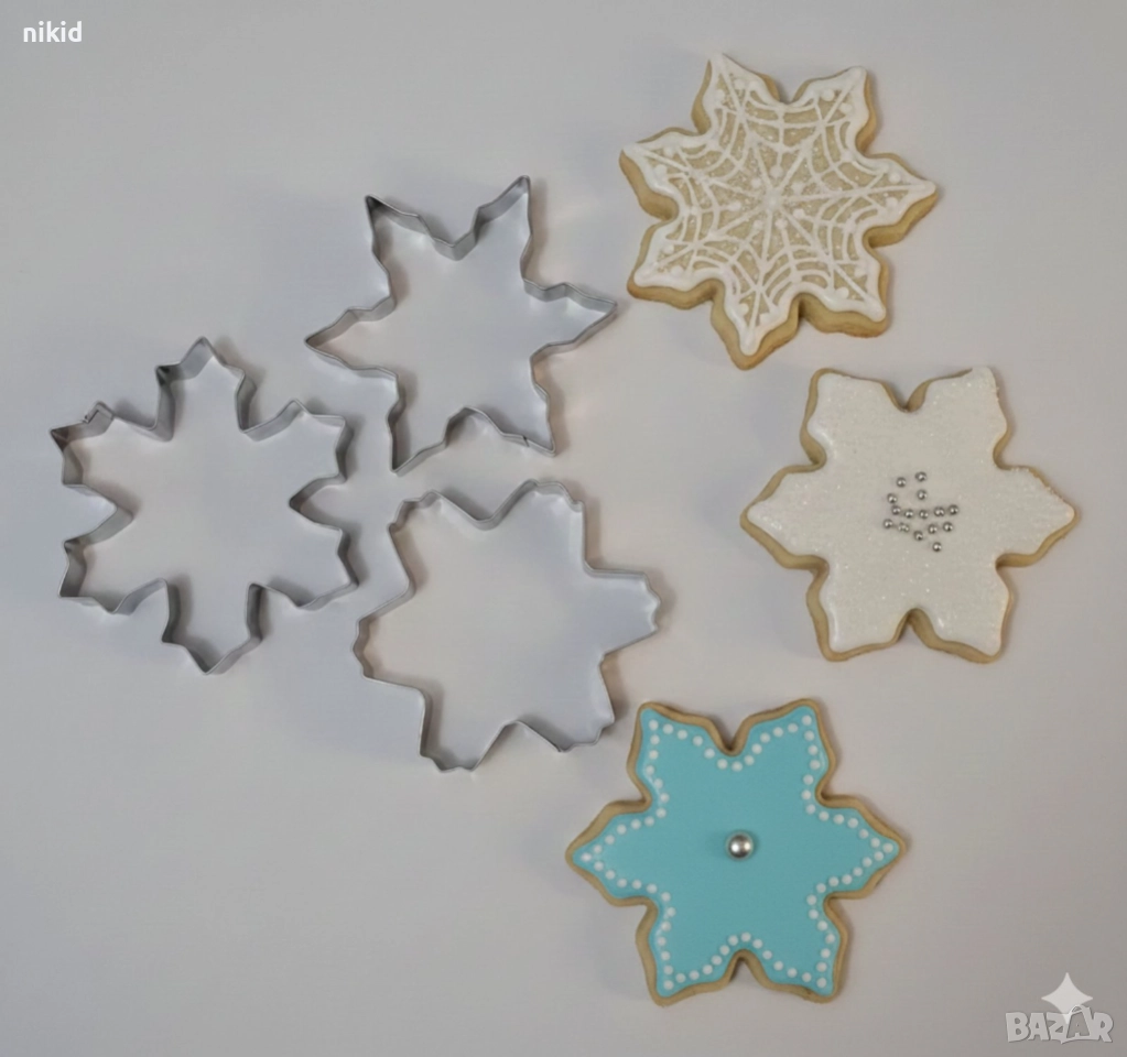 3 вида Снежинка Снежинки метална форма резец за сладки бисквитки фондан украса, снимка 1