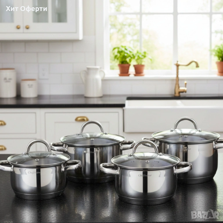 Комплект тенджери Cheffinger – 8 части инокс с капаци, за всички видове котлони, снимка 1