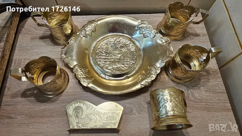Старинни съветски метални предмети- чиния, подстакани и салфетник, снимка 1