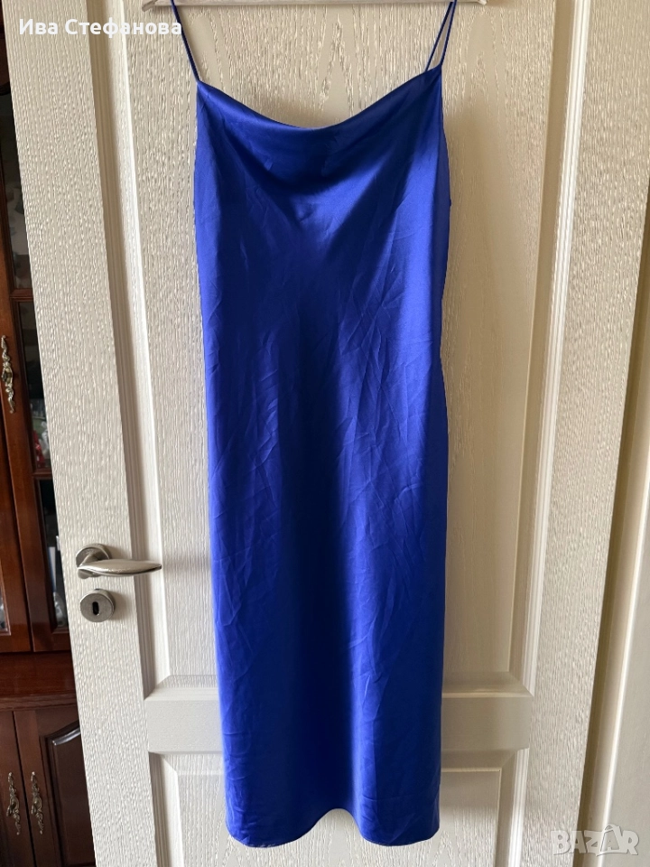 Нова синя midi миди дълга елегантна  парти коктейлна официална  сатен сатенена рокля гръцко деколте, снимка 1