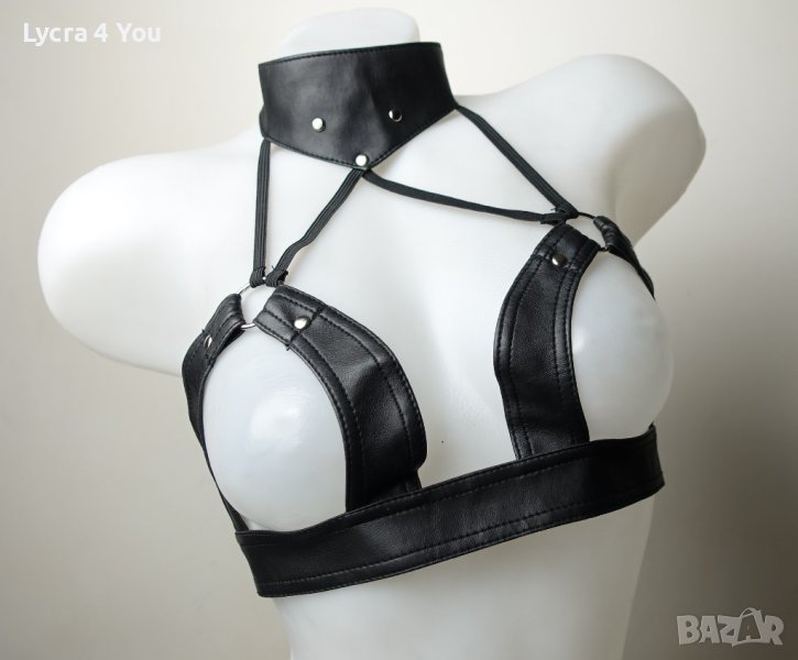 S кожен сутиен с отворени чашки и нашийник с ластични ленти, снимка 1