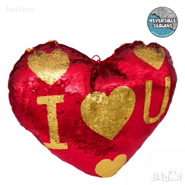 Възглавница Червено Злато Сърце Пайети I Love You 51x44 см, снимка 1