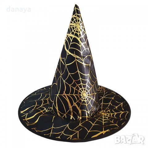 Плътна черна вещерска шапка с паяжини парти Хелоуин шапка, снимка 1 - Шапки - 26473965