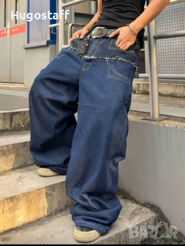 Нови baggy Casual Loose Fit Jeans дънки панталони карго двойни черно сини дизайн размер 34, снимка 2 - Дънки - 52513383