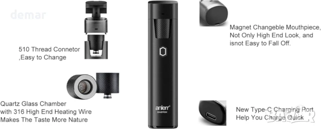 Вейп Dabtok Dab Vaporizer, 3 степени, кварцова стъклена камера, магнитен мундщук (без никотин), снимка 5 - Вейп без пълнители - 51243096