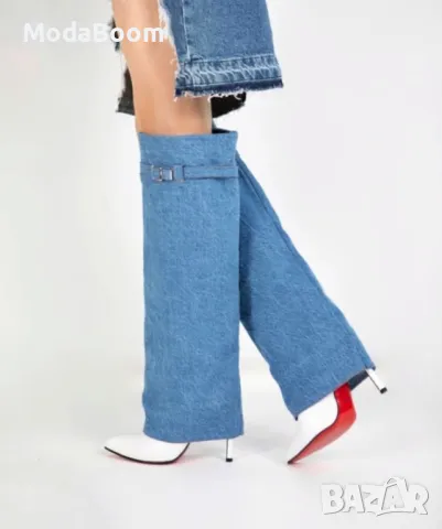 Ботуши на ток - деним и бяла кожа