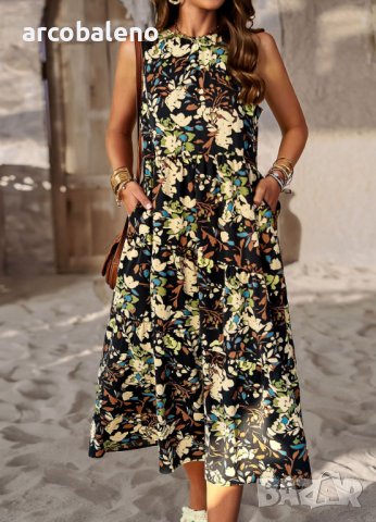 Пролетна и лятна свободна празнична рокля с многослоен принт с деколте, 5цвята, снимка 8 - Рокли - 44106385