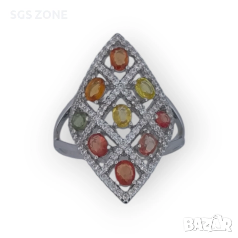 СРЕБЪРЕН ПРЪСТЕН С МНОГОЦВЕТЕН САПФИР, снимка 4 - Пръстени - 52403612