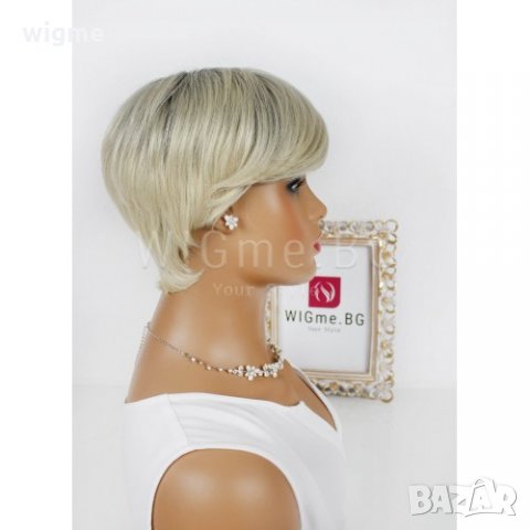 Къса руса перука с черни корени и бретон Меган, снимка 5 - Аксесоари за коса - 33015153