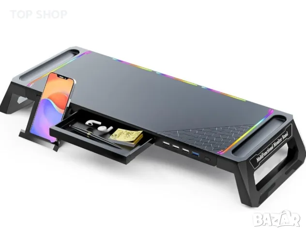 Стойка за монитор MOOJAY Riser за бюро RGB светлини за игри с USB 3.0 и 2.0 хъб