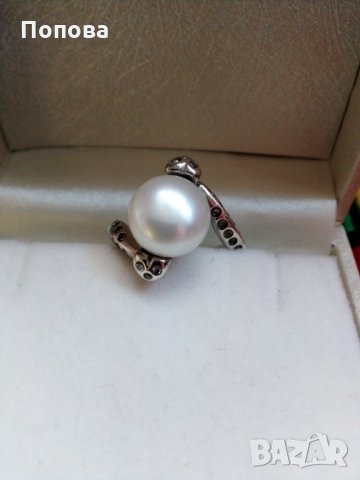 Дизайнерски сребърен пръстен с перла и кристали, снимка 3 - Пръстени - 28558260