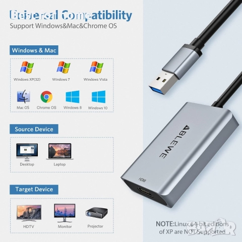 ABLEWE USB до HDMI адаптер, снимка 2 - Кабели и адаптери - 52920919