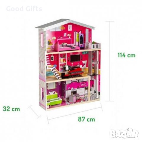 ДЪРВЕНА КЪЩА ЗА КУКЛИ С ОБЗАВЕЖДАНЕ И АСАНСЬОР ISABELLA, снимка 3 - Кукли - 38547553