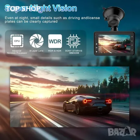 DYNACAM 4K/2K+1080P Dash Cam отпред и отзад, 64GB карта, 170°широк ъгъл, G-сензор,, снимка 2 - Аксесоари и консумативи - 49804712