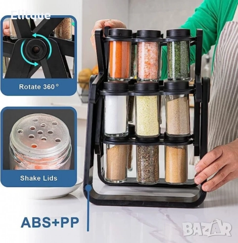 Стилен въртящ се органайзер за подправки,стъклени бурканчета,18 части, снимка 2 - Други - 52852494