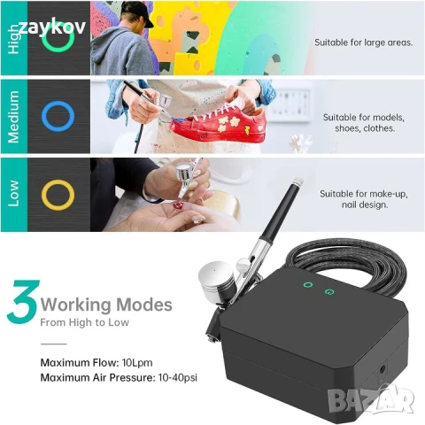 Airbrush Mini Compressor Kit, Комплект аерограф с дюза 0.2, 0.3 и 0.5 mm, снимка 3 - Друга електроника - 51277544