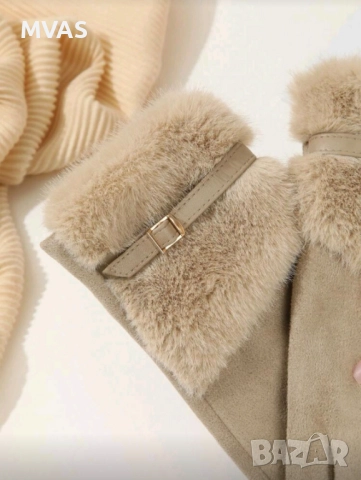 Нови дамски ръкавици пухкави Бежово Каки, снимка 3 - Ръкавици - 52582511