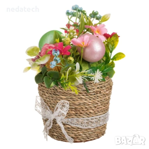 Великденска декоративна саксия с цветя, яйца, дантела и панделка, Ø11x20 см