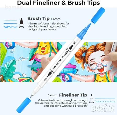 Ohuhu Maui Series маркери с два писеца тип четка и тънък писец, 160 цвята, снимка 2 - Ученически пособия, канцеларски материали - 52183232