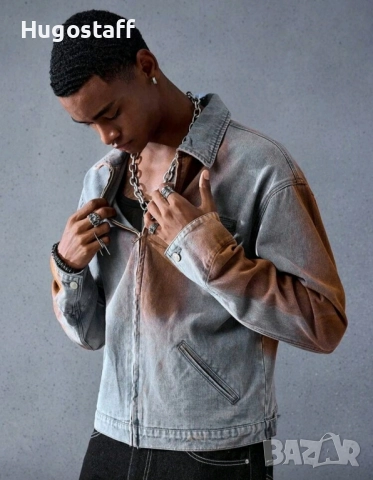 Ново мъжко дънково яке риза с цип спрей деним памук ХЛ, снимка 5 - Якета - 52476730
