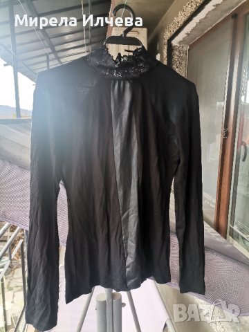 Дамска черна блуза с поло, снимка 2 - Блузи с дълъг ръкав и пуловери - 43072294