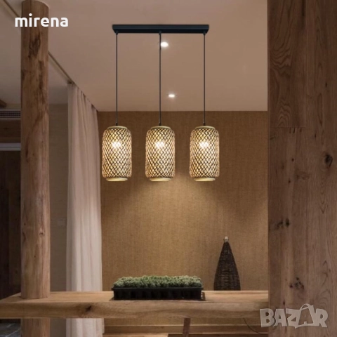 Полилей Лампа VENUS ратанова с три глави винтидж 50 см черна основа, снимка 17 - Лампи за таван - 51423444