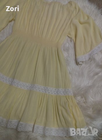 ИЗКЛЮЧИТЕЛНО КРАСИВА жълта рокля с бяла дантела , снимка 6 - Рокли - 40364447
