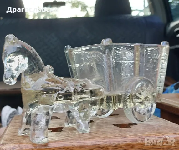 каруца кон стъклен стъкло статуетка яйце яйца Великден декорация, синя дървена каручка, снимка 2 - Други - 47813976