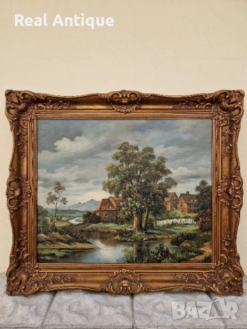 Страхотна антикварна авторска холандска картина масло върху платно , снимка 3 - Картини - 50475793