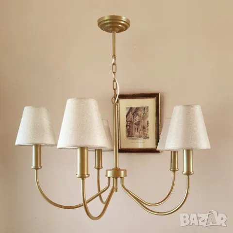 Класически полилей/винтидж, шаби шик, рустик, прованс тип свещ с 5 рамена, с/без /текстилни абажури , снимка 5 - Полилеи - 47675655