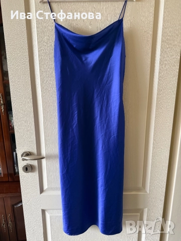 Нова синя midi миди дълга елегантна  парти коктейлна официална  сатен сатенена рокля гръцко деколте