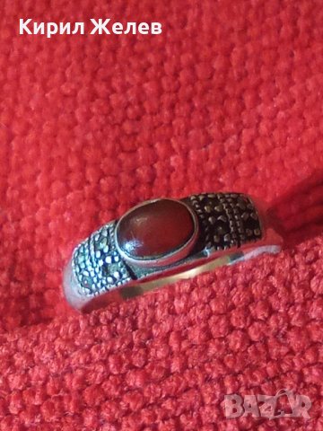 СТАРИНЕН СРЕБЪРЕН с ЧЕРВЕН КЕХЛИБАР АРТ ДЕКО ПРЪСТЕН СРЕБРО 925 с 3 МАРКИРОВКИ и МАРКАЗИТИ 27192, снимка 18 - Антикварни и старинни предмети - 36869057