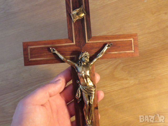Стар кръст разпятие Хрисово, Исус Христос 20 х 36 см с бронзови лайсни, Израел бог религия Йерусалим
