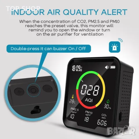 CF-9A Преносим монитор за качество на въздуха за AQI, PM2.5, PM10, CO2, температура и влажност, снимка 5 - Друга електроника - 48794483