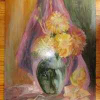 Картина -масло, фазер, ваза с хризантеми,51х36см., снимка 7 - Картини - 39466326